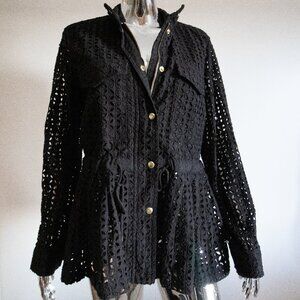 Black Zip-Up Jacket with Brass Buttons and Mesh Style
